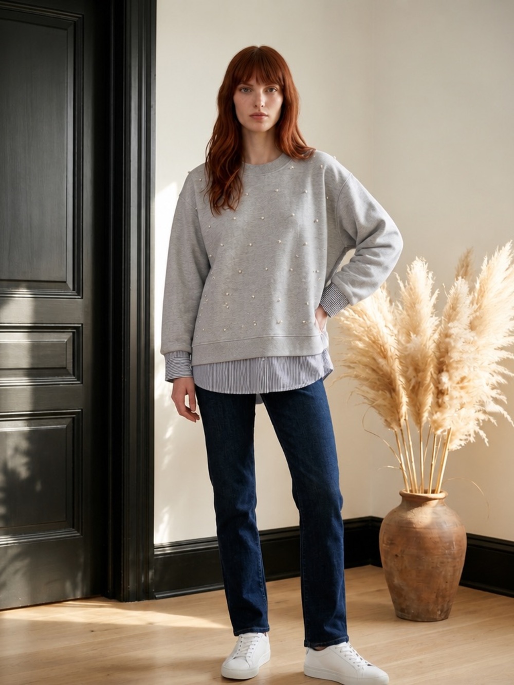 Lush Heather Grey Pearl-Embellished Sweatshirt
